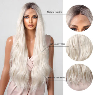 Model wearing natural-looking platinum blonde long wig