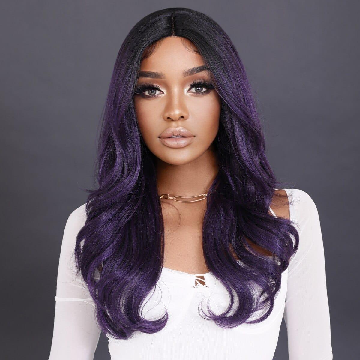 Model wearing purple lace front wig, styled straight with middle part, demonstrating realistic look