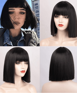 Model wearing short black wig for everyday wear