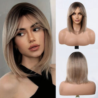 Model wearing sleek blonde bob wig with curtain bangs – natural-looking synthetic wig from Stylonic Fashion Boutique