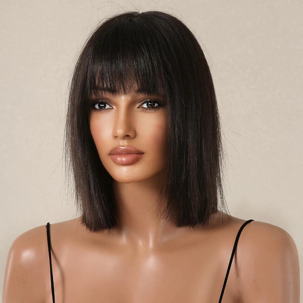 Natural-looking black human hair wig for women with middle part