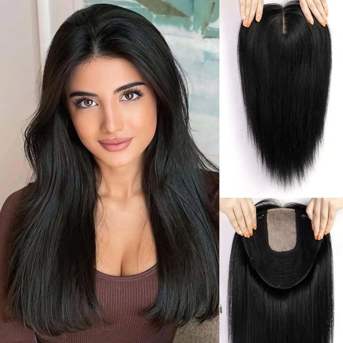 Natural Black Clip-In Wiglet for Thinning Hair – Top View with Scalp Base