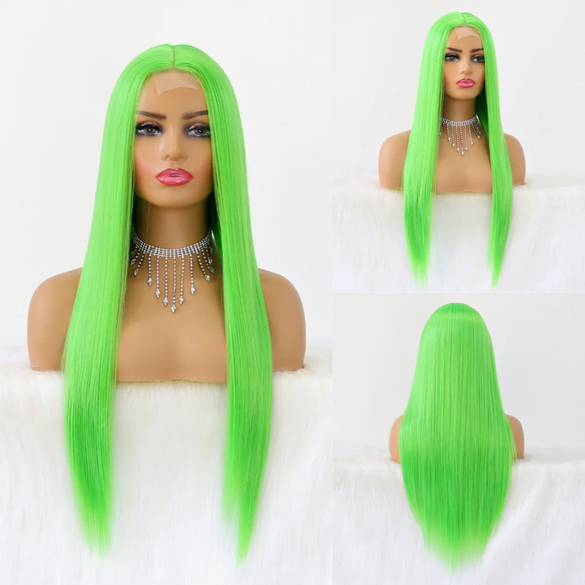 Neon green wig on a mannequin head with a close-up of the hair at the bottom.