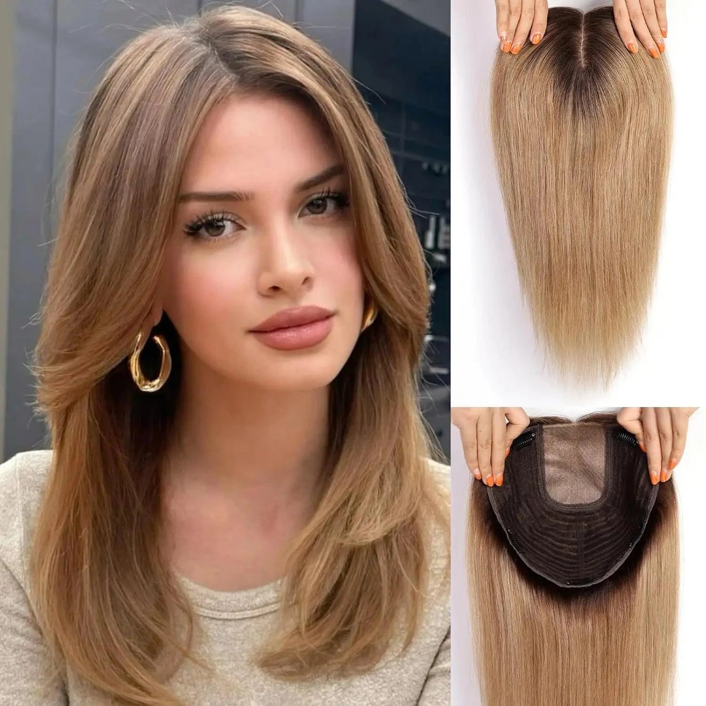Ombre Light Brown Clip-In Wiglet for Thinning Hair – Top View with Scalp Base
