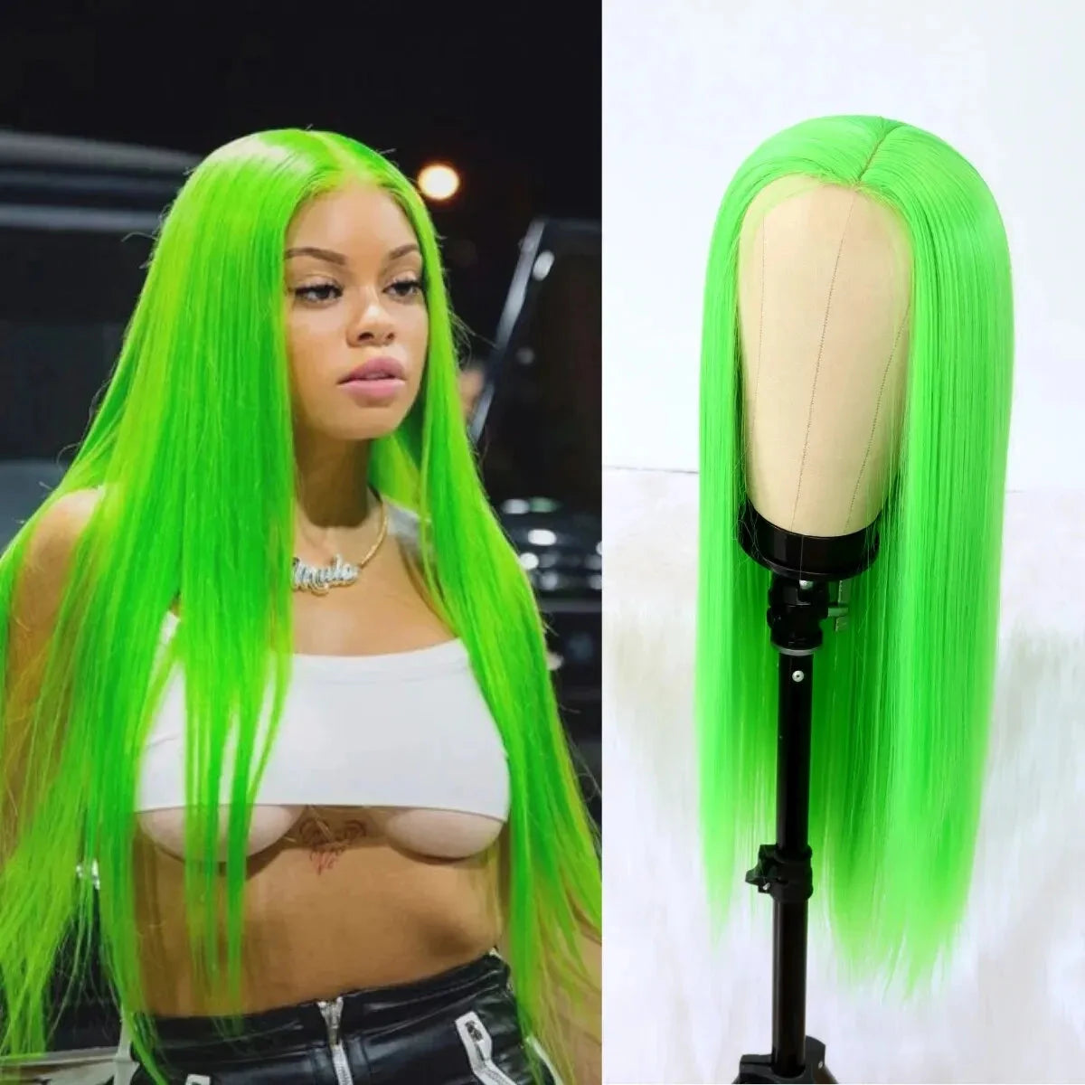 Person with neon green wig and wig on a mannequin head.