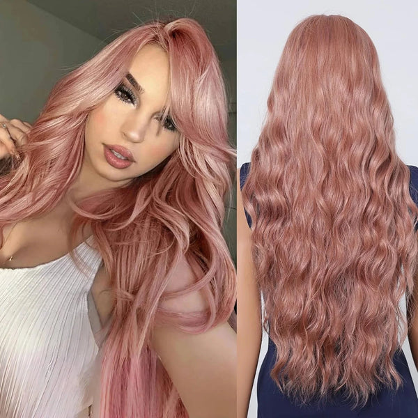 Pink Wigs UK styled in loose waves, shown from front and back views.