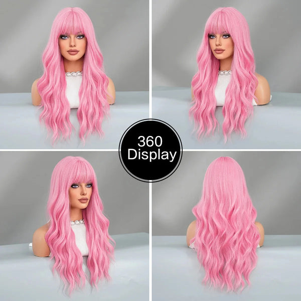 Pink wig displayed from multiple angles on a gray background with '360 Display' text.