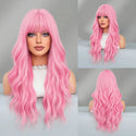 Pink wigs displayed on a mannequin head with close-up views.