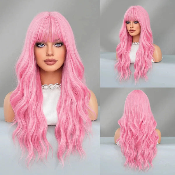 Pink wigs displayed on a mannequin head with close-up views.