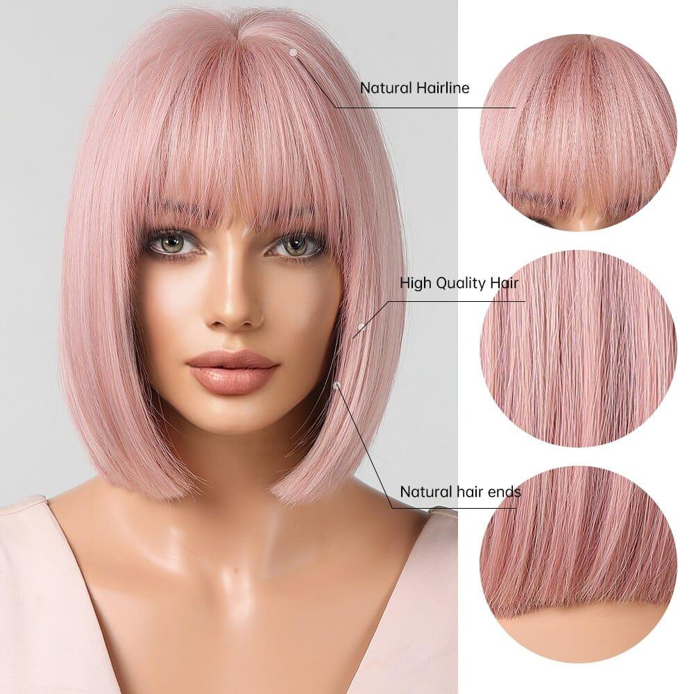 Pink wig with close-up details on a gray background