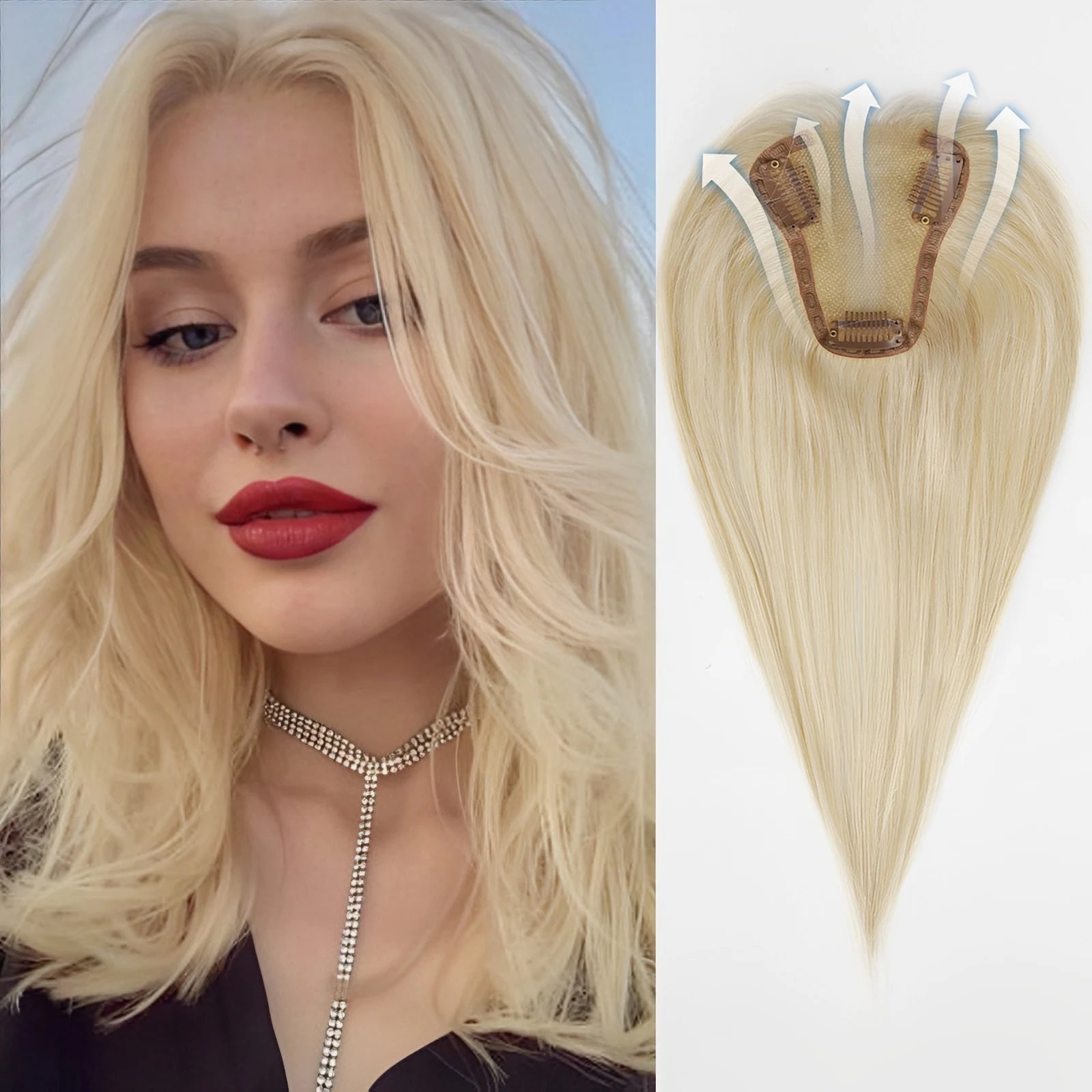 Premium clip-in human hair topper with secure clips and breathable base