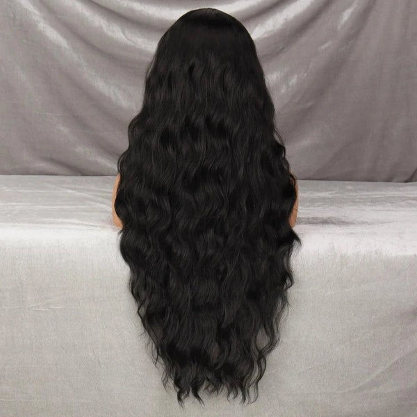 Realistic black wig with adjustable cap – back view