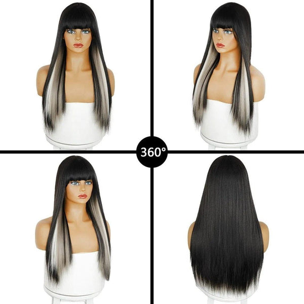 Realistic synthetic black and grey wig with adjustable cap