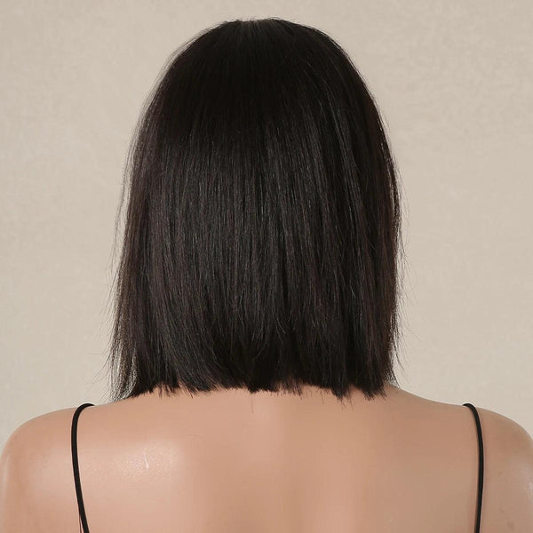 Rear View view of silky straight black human hair wig with realistic hairline