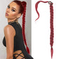 Red braided hair ponytail extension with a model wearing it on a white background