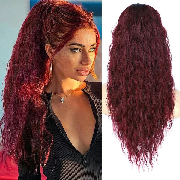 Red hair ponytail extension shown on a model and close-up against a white background