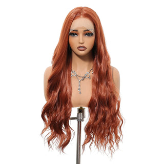 Reddish-brown wig on a mannequin head with a white background