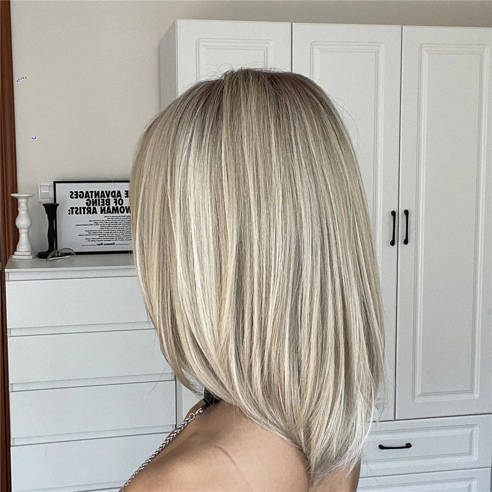 Short Platinum Blonde Wig with Bangs