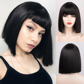 Short synthetic black wig with blunt cut front view