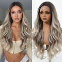 Side-by-side comparison of a person with ash blonde long wavy hair and a wig on a mannequin head.