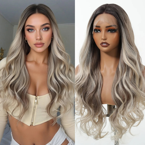 Side-by-side comparison of a person with ash blonde long wavy hair and a wig on a mannequin head.