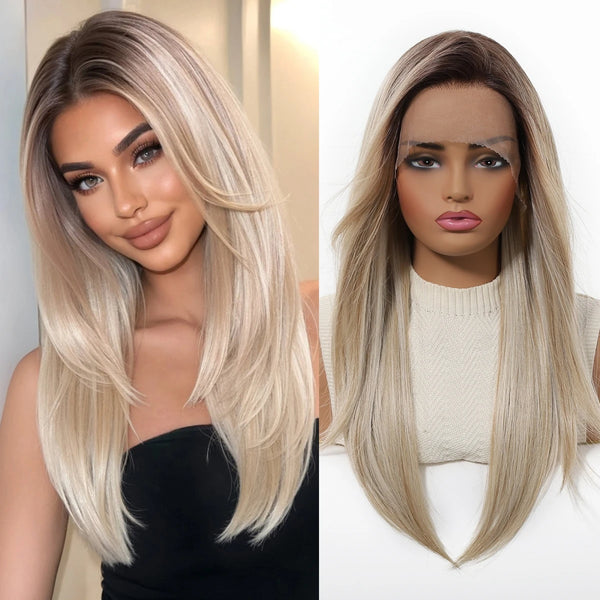Side-by-side comparison of a person with long blonde hair and a wig on a mannequin head.