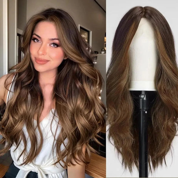 Side-by-side comparison of a woman wearing a light brown ombre wig on a mannequin head.