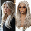 Side-by-side comparison of a person with long blonde hair and a wig on a mannequin head.