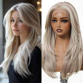 Side-by-side comparison of a person with long blonde hair and a wig on a mannequin head.