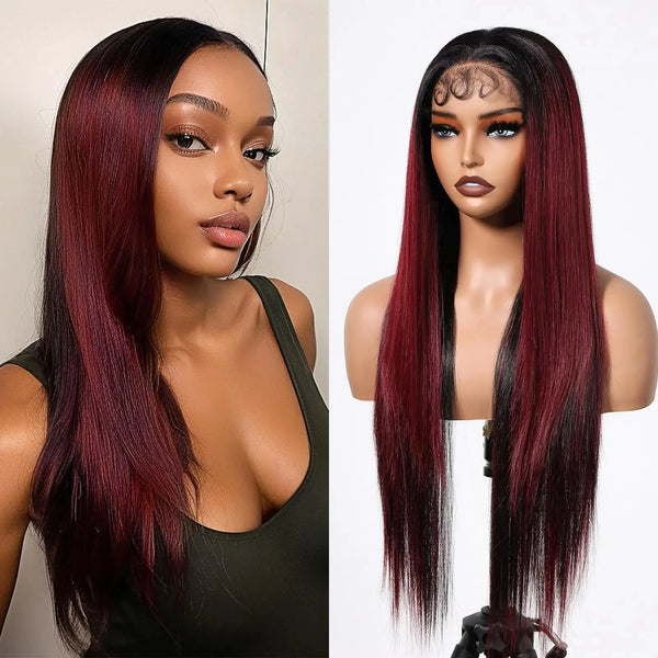 Side-by-side comparison of a woman with Long Red Lace Front Wig and a mannequin head with burgundy hair.