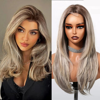 Side-by-side comparison of a woman with a blonde wig on a mannequin head.