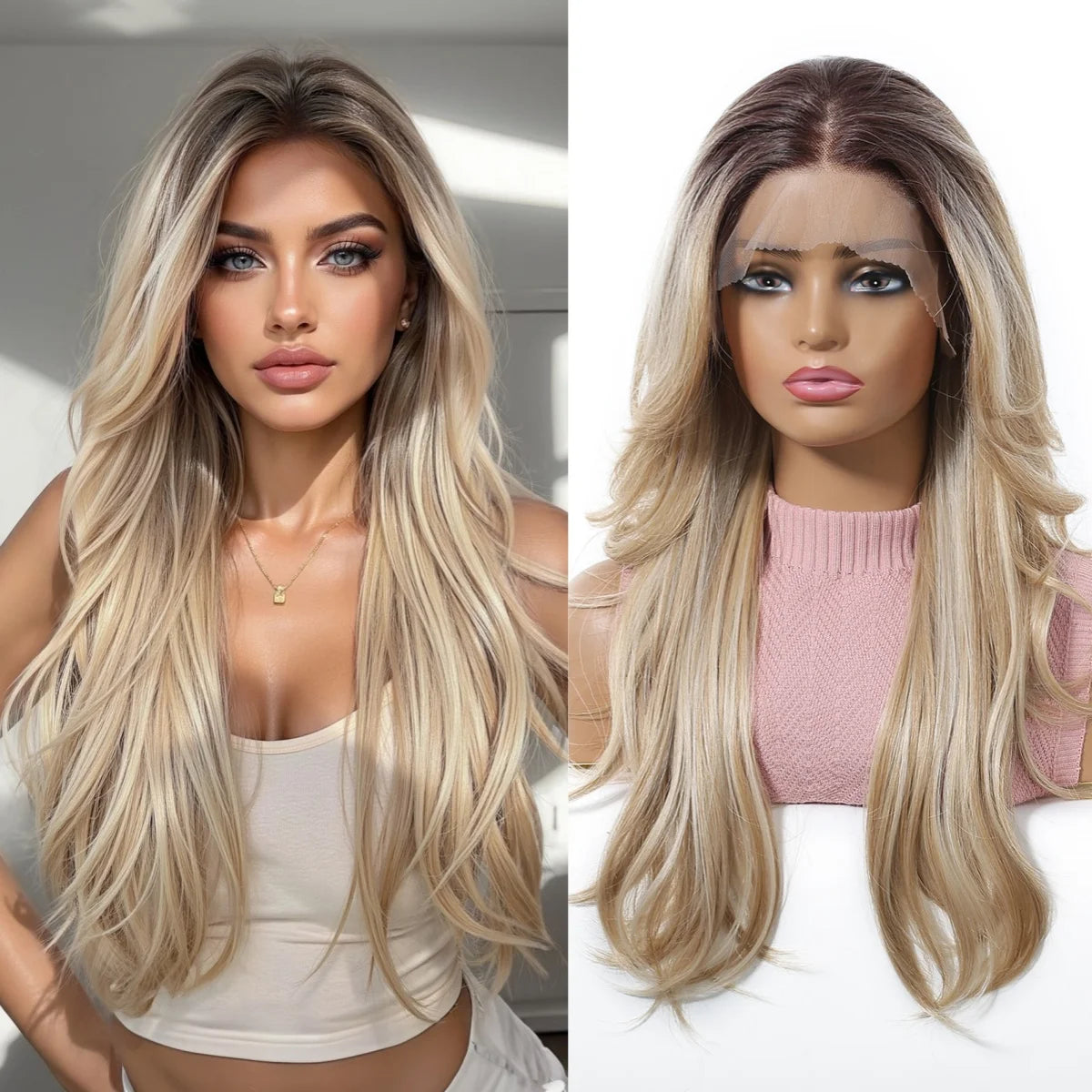 Side-by-side comparison of a woman with a long blonde hair wig and a mannequin head 