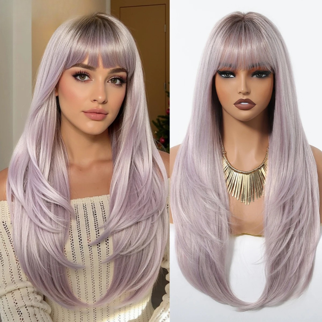 Side-by-side comparison of a woman with a purple wig and a mannequin head wearing a similar wig.