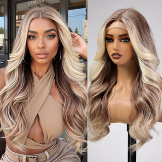 Side-by-side comparison of a woman with long blonde hair and a wig on a mannequin head.