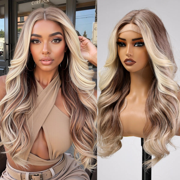 Side-by-side comparison of a woman with long blonde hair and a wig on a mannequin head.