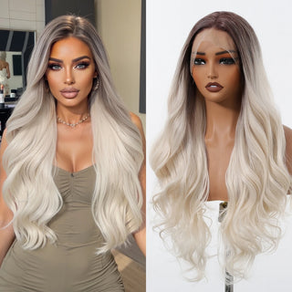 Side-by-side comparison of a person with long blonde hair and a wig on a mannequin head.