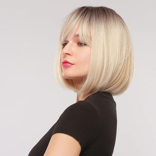 Side Profile of Straight Blonde Bob Wig Featuring Full Bangs
