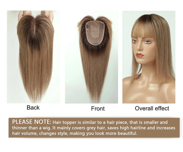 Side profile of straight Remy hair topper showcasing seamless blend and volume