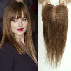 Side profile of straight Remy hair topper showcasing seamless blend and volume