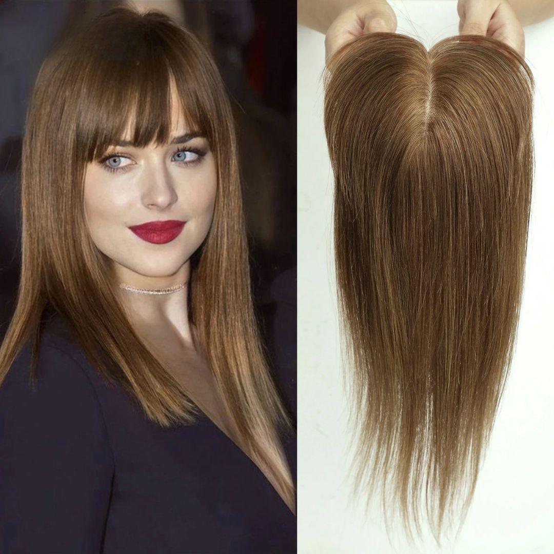 Side profile of straight Remy hair topper showcasing seamless blend and volume