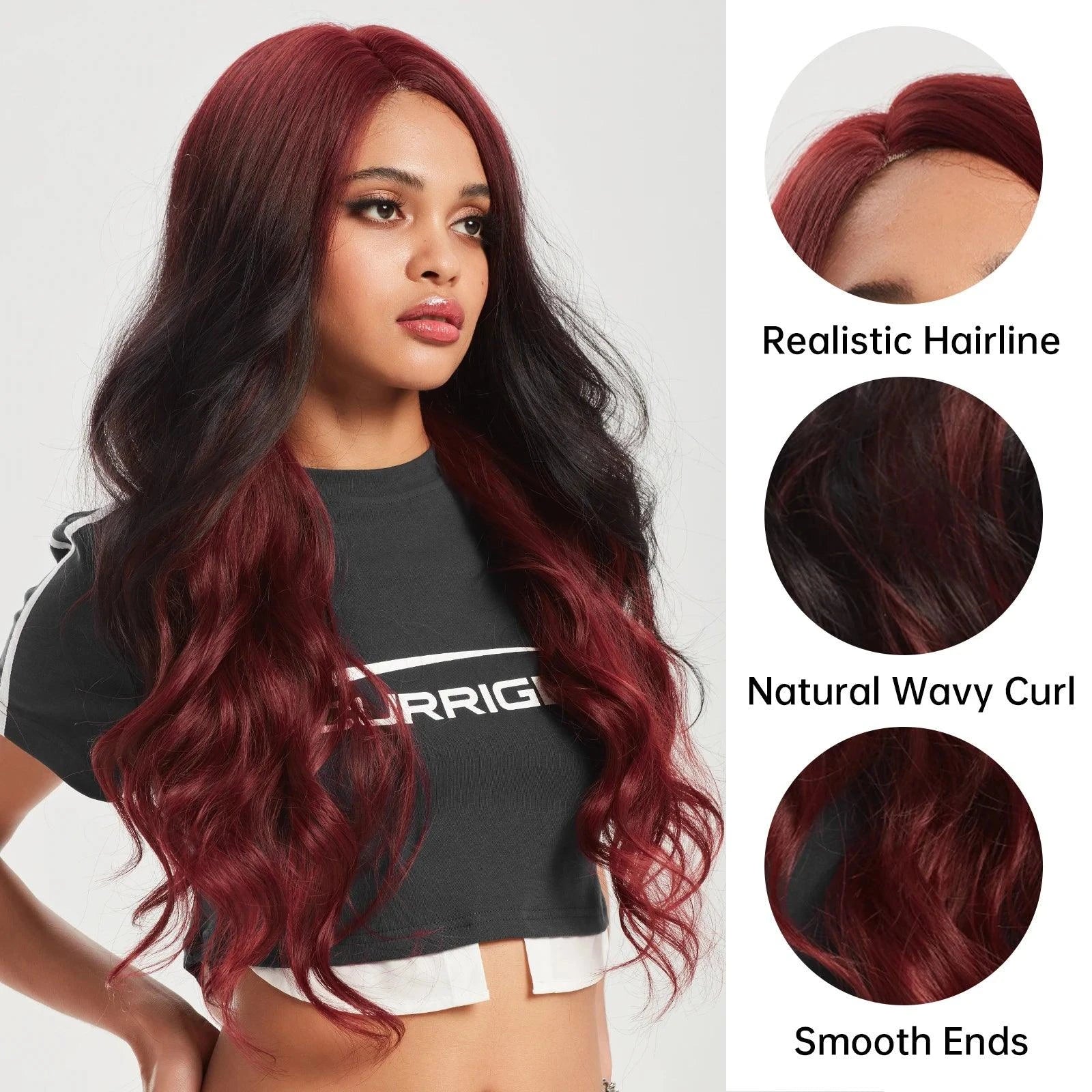 Side profile of wavy black and burgundy red synthetic wig on model