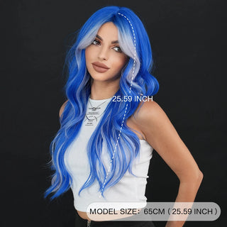 Side profile of wavy blue synthetic wig with light silver streaks