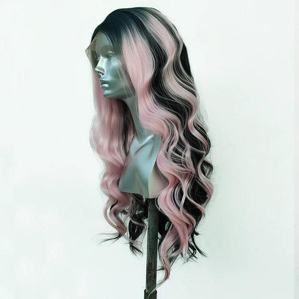 Side view of black to pink ombré wig – heat-resistant synthetic fibres