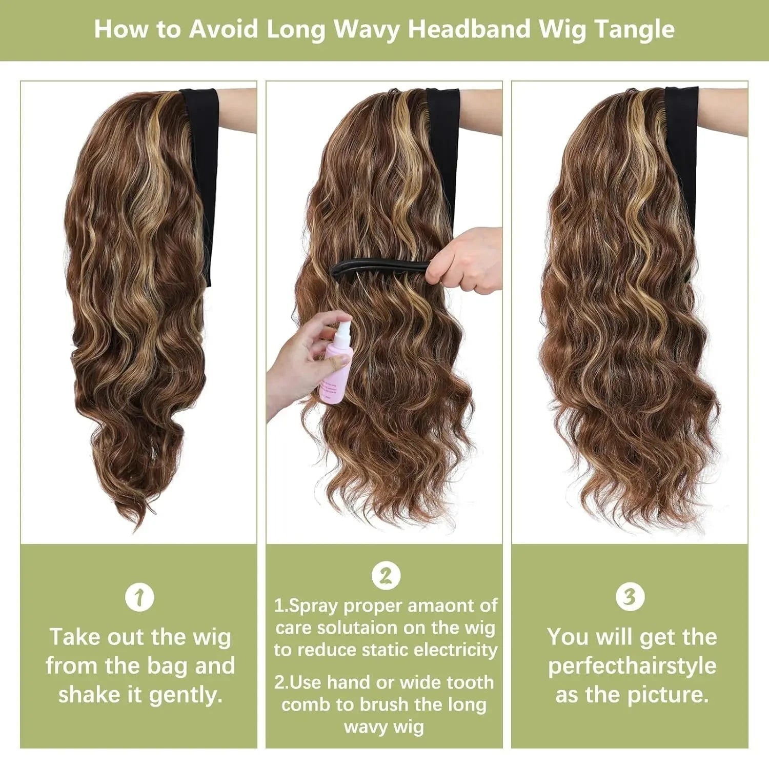 Step-by-step guide on how to avoid tangles in a long wavy headband wig.