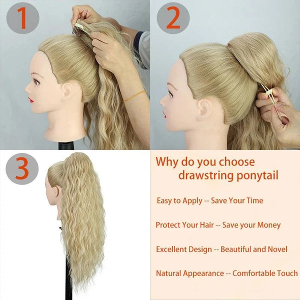Step-by-step guide on how to use a drawstring ponytail with a mannequin head.