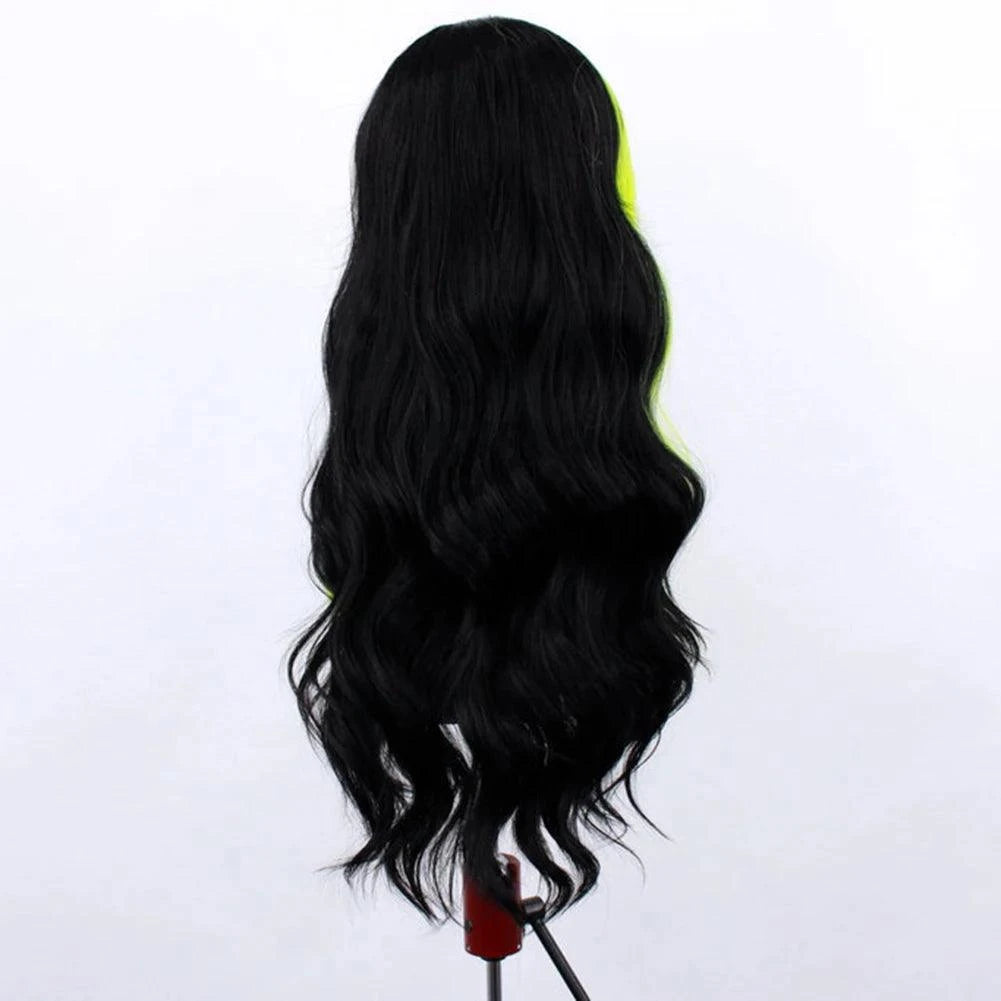 Synthetic black and green wig with pre-plucked lace front and soft curls