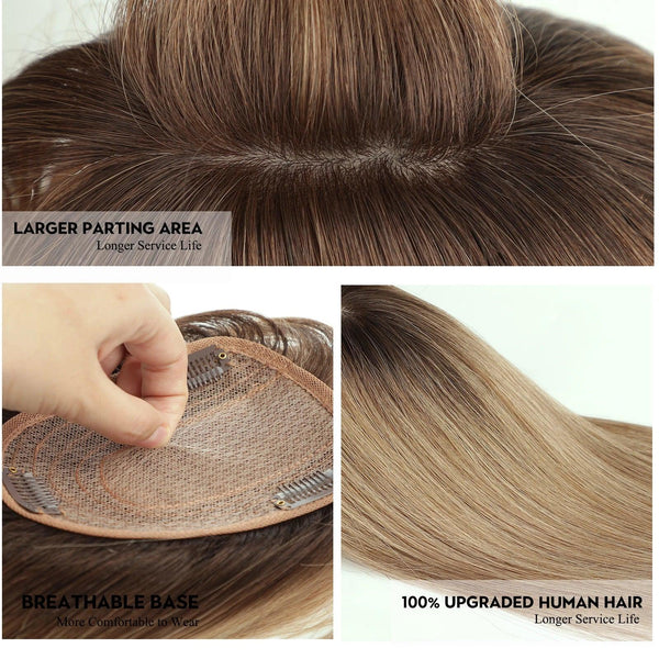 Close-up of silk base construction with clip-in attachments on Remy hair topper