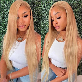 Two images of a woman with long blonde hair wig against a green leafy background