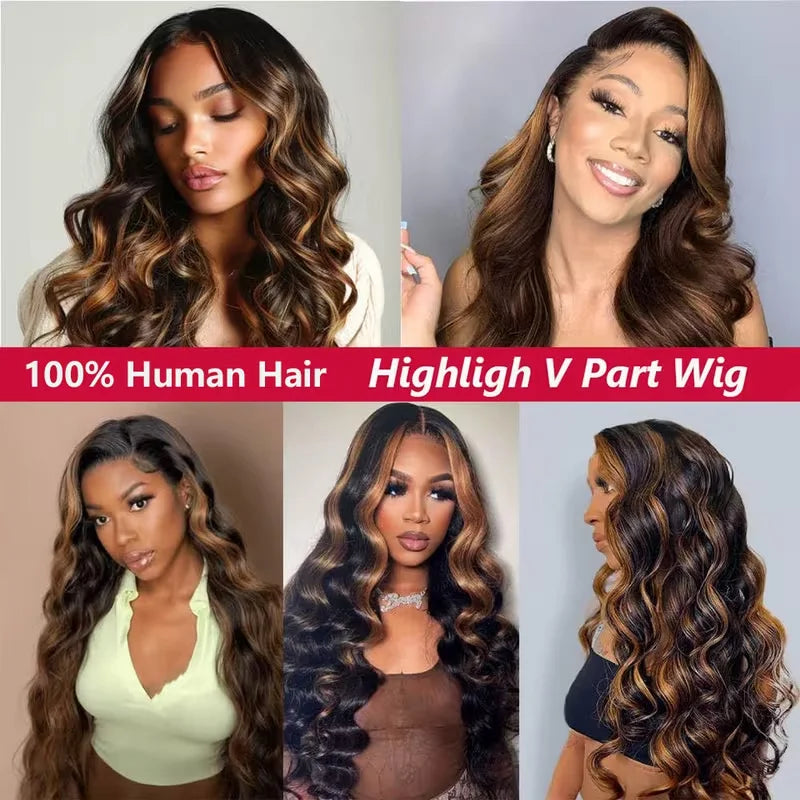 U Part Wigs Human Hair Mixed Brown