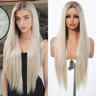 White Blonde Hair Wig on a mannequin head next to a woman wearing the wig.